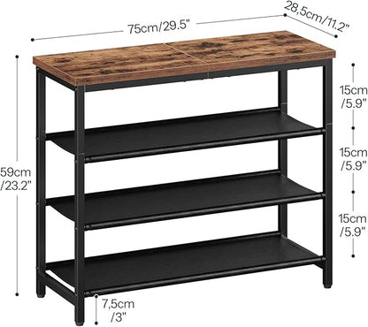 HOOBRO Shoe Rack with 3 PU Shelves, 4-Tier Shoe Storage Organizer for Closet and Entryway, Holds 9-12 Pairs of Shoes, Sturdy Metal Frame, Small Spaces, Rustic Brown and Black BF94XJ01