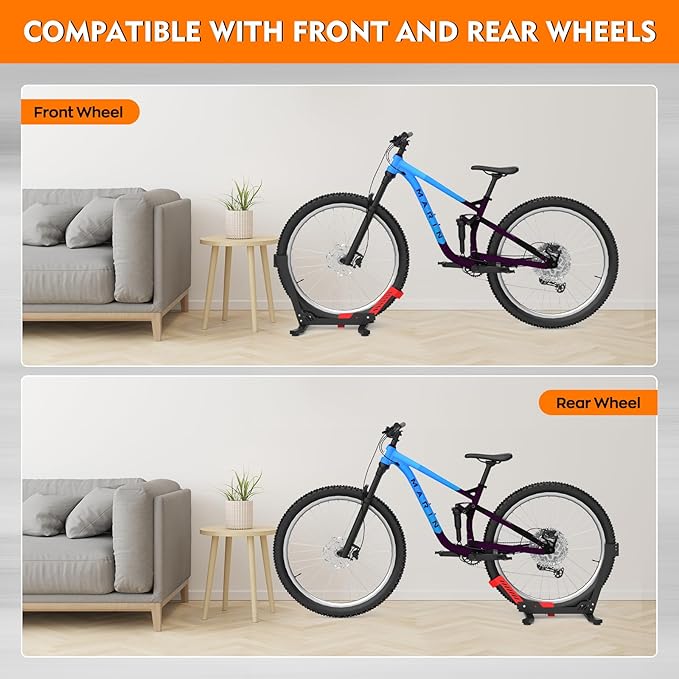 ALIXUEQIN Bike Stand Floor, Portable Bike Storage for Garage - Fit for 24"-29" Bikes, Tire Width up to 3.5", Road & Mountain Bicycle Stand, Front and Rear Wheel Parking Rack - Red