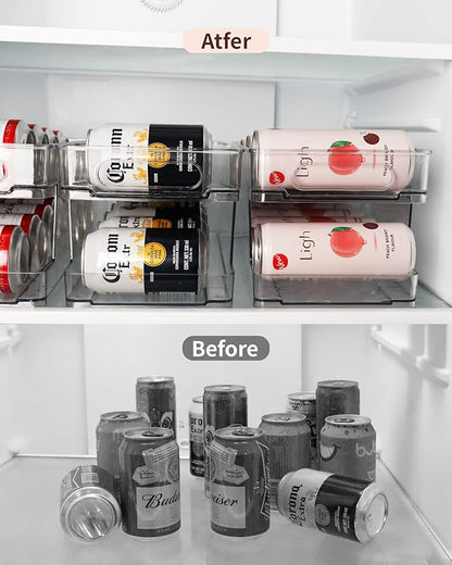 2 Pack Rolling Soda Can Dispenser for Refrigerator with 1 Pack Ice Ball Maker, Pantry Organization and Storage 2-Layer Beverage Holder for Fridge, Clear