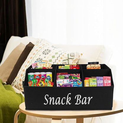 Snack Organizer for Countertop, Trapezoid Fabric Snack Bin Holder with Side Handles, 6 Compartment Snack Basket Container, Lightweight Snack Bar Station Organizer, Kitchen Pantry Storage-Black