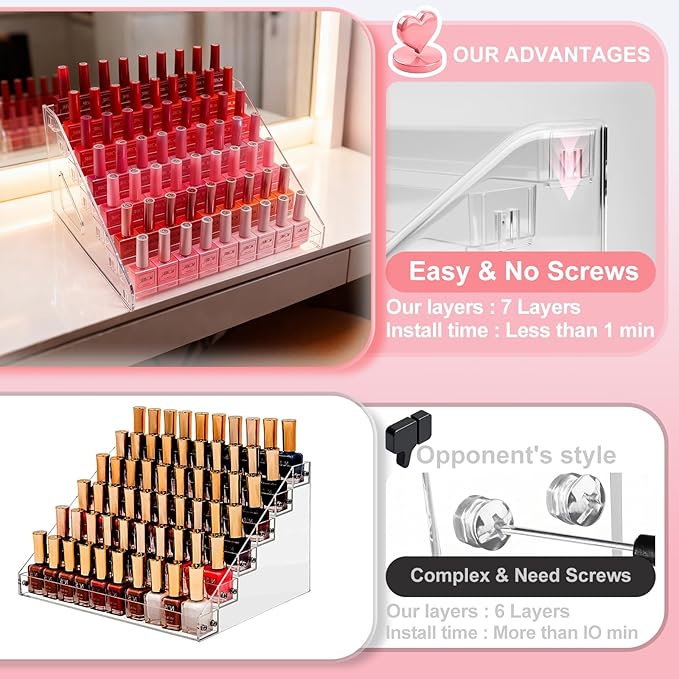 Nail Polish Storage Box Makeup Organizer Cosmetics Storage Transparent Easy to Assemble 7 Layers