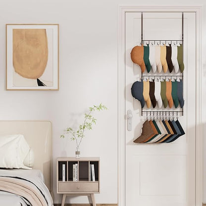 HapiRm Over Door Hat Rack - 3 Tier Wall Mounted Hat Organizer with 16 Hooks and 10 Movable Clips, Cap Hanger Storage up to 26 Caps for Door, Bedroom, Closet USPTO Patent Pending