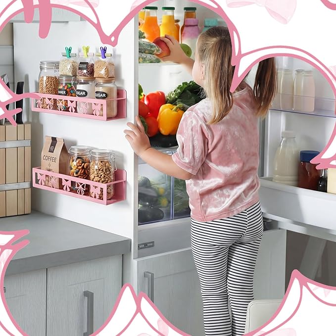 Beeveer 2 Pack Sweet Bow Magnetic Spice Rack for Refrigerator Metal Magnet Basket Shelf for Fridge Seasoning Storage Organizers Home Decor Kitchen Accessories (Pink)
