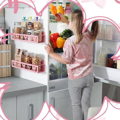 Beeveer 2 Pack Sweet Bow Magnetic Spice Rack for Refrigerator Metal Magnet Basket Shelf for Fridge Seasoning Storage Organizers Home Decor Kitchen Accessories (Pink)