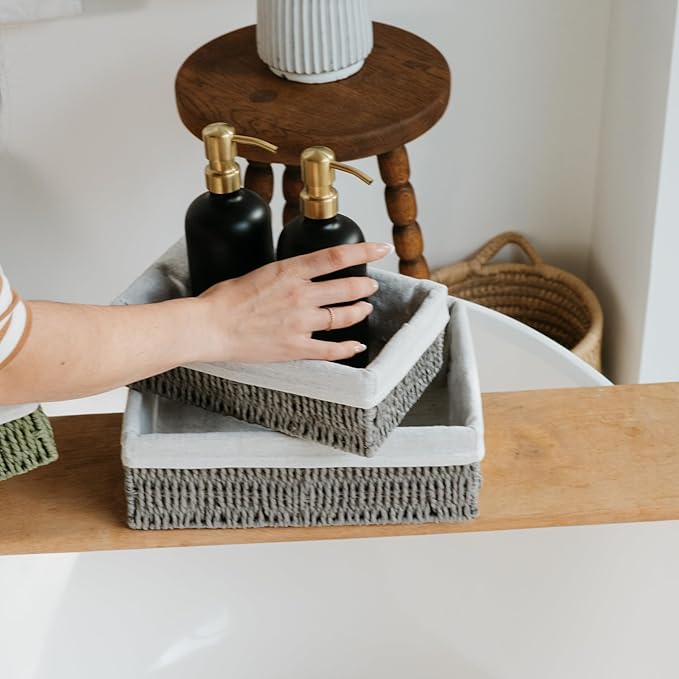 Beautiful Toilet Paper Storage Basket Set of 2 – Decorative Wicker Bathroom Organizer for Toilet Tank Trays - Quality Holder Bin for Shelves Fits Perfectly with Any Bathroom Decor