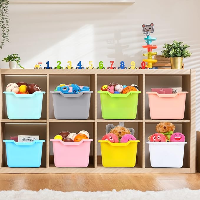 Dandat 16 Pcs Plastic Book Bins for Classroom Library Cubby Bins Scoop Front Stackable Toy Storage Tubs Containers for School Office Home Nursery Playroom Organization (Candy Color)