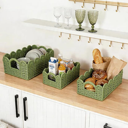 Hand Woven Paper Rope Scalloped Edge Decor Baskets for Home,Living Room, Bedroom,Storage over Above Behind Flush Tank,Toilet Basket,end Table,Shelves-Easily Fit with or Bedroom Decor,Set 3(Green)
