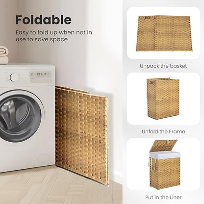 DUMOS Woven Laundry Basket with Lid, 90L Large Capacity Hamper, Removable & Machine-Washable Liner, Foldable Rattan Clothes Hamper, Sturdy Steel Frame, Odor Control, Goose Yellow