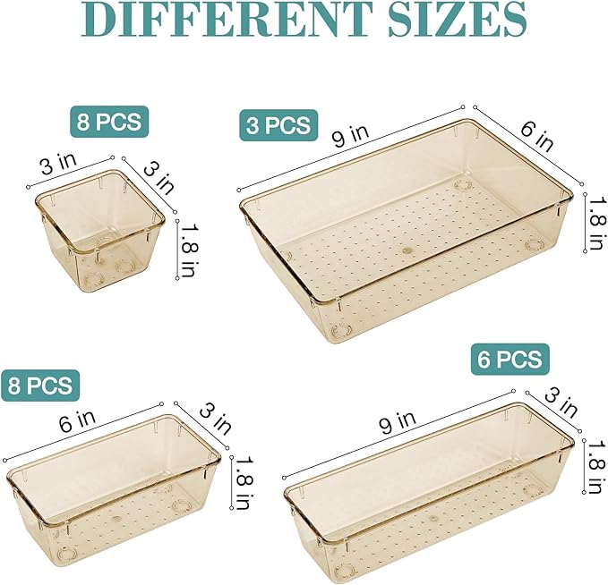 StorMiracle 25 PCS Drawer Organizer Set, 5 Varied Size Bathroom and kitchen Drawer cabinet organizer Trays, Clear Storage Bins for Makeup, Jewelry, Utensils and Gadgets, Champagne