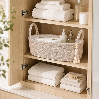 ABenkle Small Storage Basket, Jute Rope Woven Toilet Paper Tray Organizer for Toilet Tank Top, Boho Bathroom Decor Holder for Shelf Bedroom Living Room -13x6x4 Inches