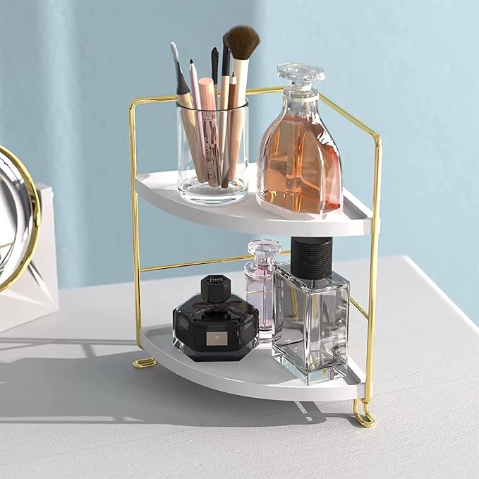 2-Tier Makeup Perfume Counter Organizer, Bathroom Corner Countertop Shelf Vanity Bedroom Storage Tray,Kitchen Spice Rack Standing Shelf(Gold,White)