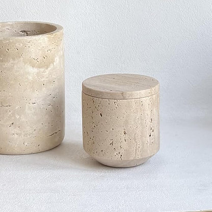 Natural Marble Hole Stone Cosmetic Cotton Swab Sundry Small Tank Storage Box Jar with Lid (Yellow Travertine)