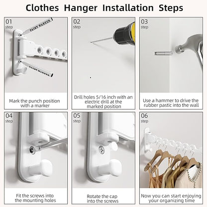 Wall Mounted Clothes Hanger Rack Folding Wall Mounted Clothes Hanger for Laundry (White)