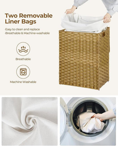 GREENSTELL Laundry Hamper with Lid, 90L Clothes Hamper with 2 Removable Liner Bags & 2 Mesh Laundry Bags, Handwoven Synthetic Rattan Laundry Basket for Clothes, Toys in Bathroom, Bedroom Natural