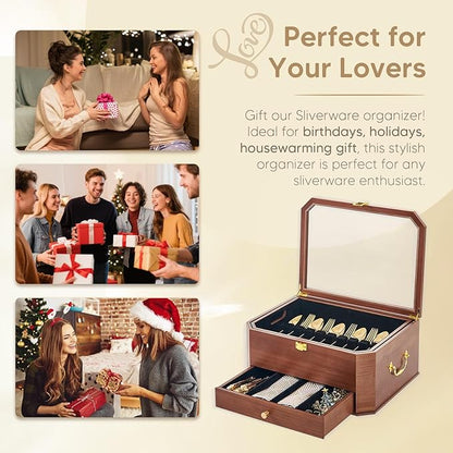 Silverware Storage Box, 3 Layers Wooden Silverware Box without Silverware, Flatware Storage Chest Case with Felt Lined Acrylic Lid and Handle for Kitchen Storing Fine Tableware, Walnut
