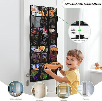 Floral Over The Door Organizer, Pantry Organizers and Storage with 12 Mesh Pockets, Heavy Duty Large Capacity Stuffed Animal Storage