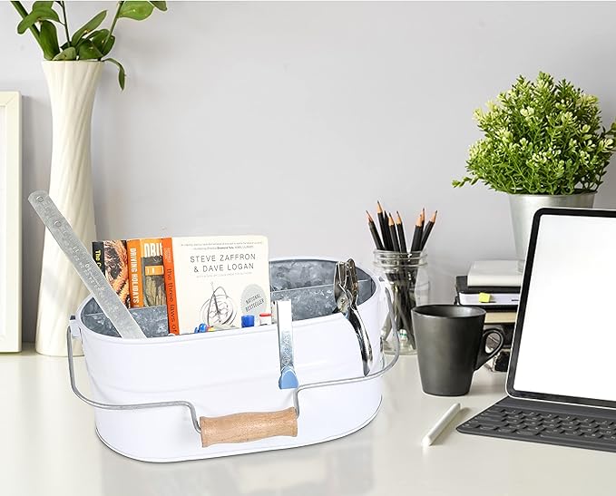 Light & Pro Farmhouse Rustic Silverware Utensil Carry All Caddy- Galvanized Utensil Caddy with Wooden Handle for Kitchen Counter, Silverware Organizer for Flatware, Condiments, Party Supplies - White