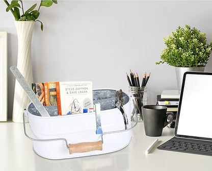 Light & Pro Farmhouse Rustic Silverware Utensil Carry All Caddy- Galvanized Utensil Caddy with Wooden Handle for Kitchen Counter, Silverware Organizer for Flatware, Condiments, Party Supplies - White