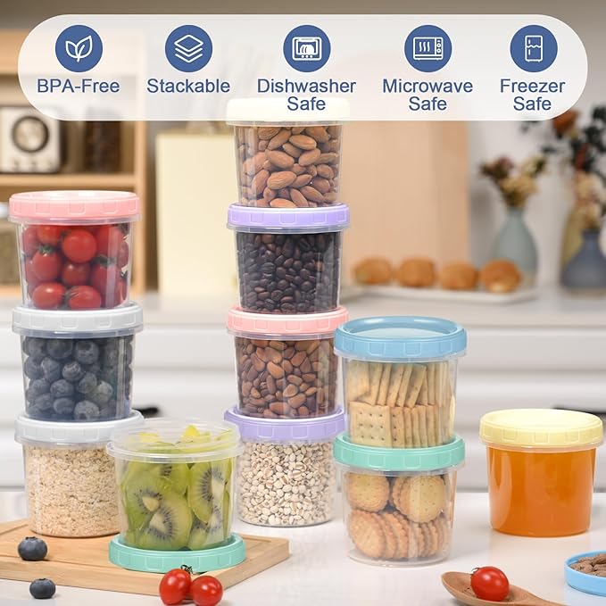 Yomarket 6pcs 10 oz Plastic Containers with Screw Lids, Reusable Clear Food Storage Containers with Pen and Brush for Snack Salad Fruit, Leakproof Small Freezer Containers, Microwave & Dishwasher Safe