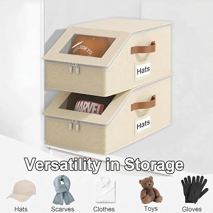 2 Pack Hat Organizer for Baseball Caps, Stackable Hat Storage Box for Closet, Cap Organizer & Cowboy Hat Case, Dustproof Hat Holder for Snapback Trucker Hats, Beige Hat Box