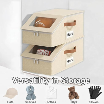 1 Pack Hat Organizer for Baseball Caps, Stackable Hat Storage Box for Closet, Cap Organizer & Cowboy Hat Case, Dustproof Hat Holder for Snapback Trucker Hats, Beige Hat Box