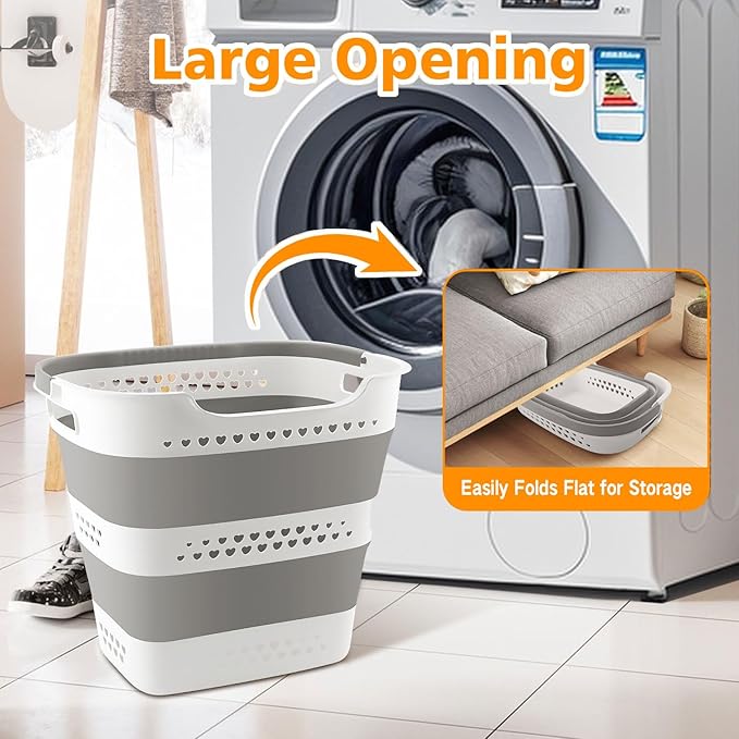 42L Medium Collapsible Plastic Laundry Basket with Handles, Foldable Laundry Basket Hamper, Pop Up Storage Container Organizer for Washing Storage (Gery, 17 Inch * 13 Inch * 15 Inch)