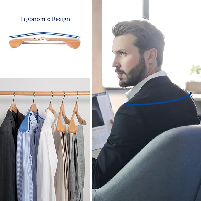 Nature Smile Luxury Natural Wooden Suit Hangers - 12 Pack - Wood Coat Hangers,Jacket Outerwear Shirt Hangers,Glossy Finish with Extra-Wide Shoulder, 360 Degree Swivel Hooks & Anti-Slip Bar with Screw