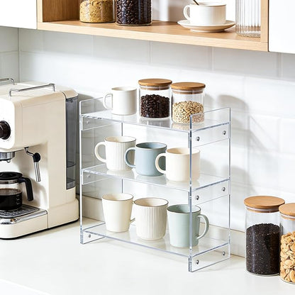 BestYiJo 3-Tier Coffee Station Organizer Countertup - Spacious Acrylic Storage Shelf for Coffee Bar & Kitchen, Holds Mugs, Beans, Syrups, Cups, Stirrers – Compact & Durable Design