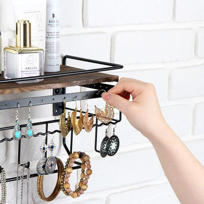JackCubeDesign Hanging Jewelry Organizer with 9 Hooks, Wall Mount Necklace Earring Bracelet Sunglass Holder with Torched Wood Shelf (Black Metal) - MK237C