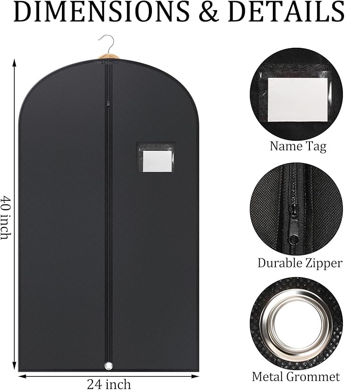 24 Pack Black Garment Bag Bulk for Closet Storage 40 Inch Hanging Suit Bags Cover Clothes Cover for Hanging with Zipper and Clear Window for Travel Men Coat Jacket Dance Dress