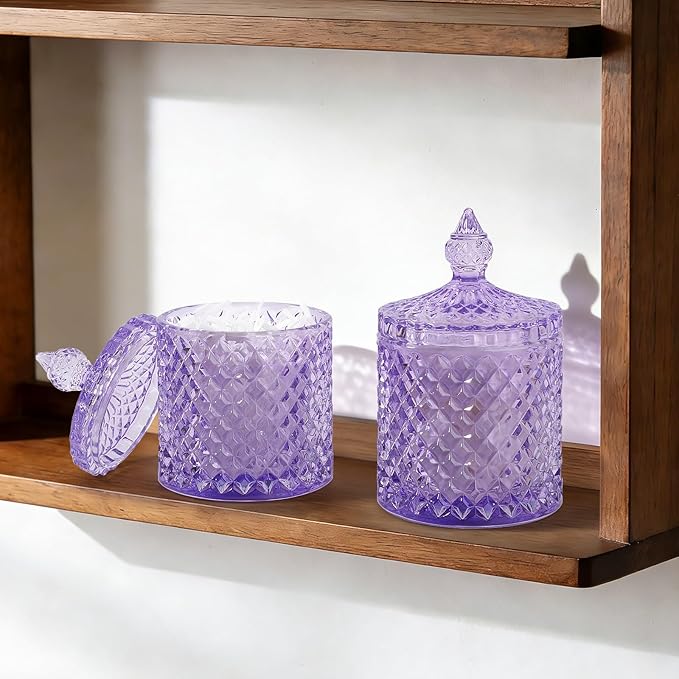 rejomiik 2 Pack Qtip Holder Thick Glass Apothecary Jars with Lid for Bathroom Decor Storage Organizer for Cotton Swabs, Balls, Pads, Floss Picks, Candy, Jewelry, Purple