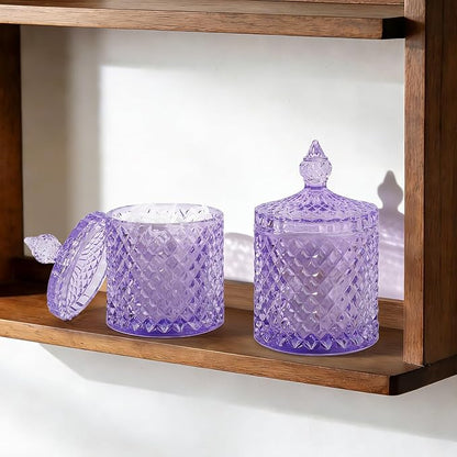 rejomiik 2 Pack Qtip Holder Thick Glass Apothecary Jars with Lid for Bathroom Decor Storage Organizer for Cotton Swabs, Balls, Pads, Floss Picks, Candy, Jewelry, Purple