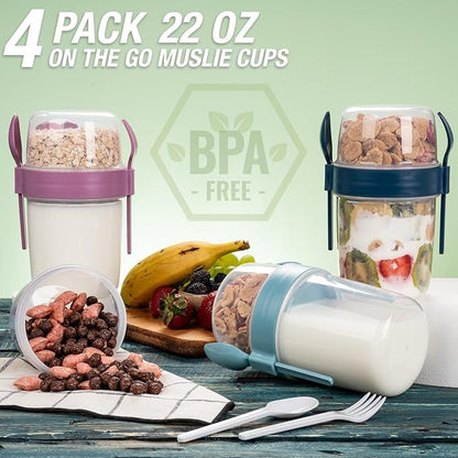 4 Pack On The Go 22 oz Breakfast Cups with Lids and Spoon, Reusable Cereal Yogurt Cup with Topping Plastic Overnight Oats Container for Granola Oatmeal (22 oz - Turquoise- 4 Pack)