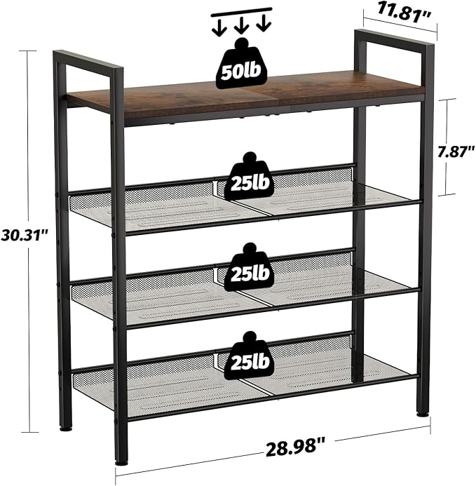 WIN4ALL Shoe Rack for Front Door Entrance, 4 Tier Shoe Rack for Entryway, 12-16 Pairs of Shoes, Metal Shoe Rack Organizer, Free Standing Shoe Rack for Closet (Black+Rustic Brown)