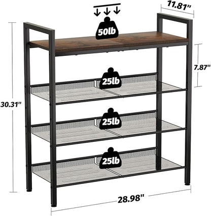 WIN4ALL Shoe Rack for Front Door Entrance, 4 Tier Shoe Rack for Entryway, 12-16 Pairs of Shoes, Metal Shoe Rack Organizer, Free Standing Shoe Rack for Closet (Black+Rustic Brown)