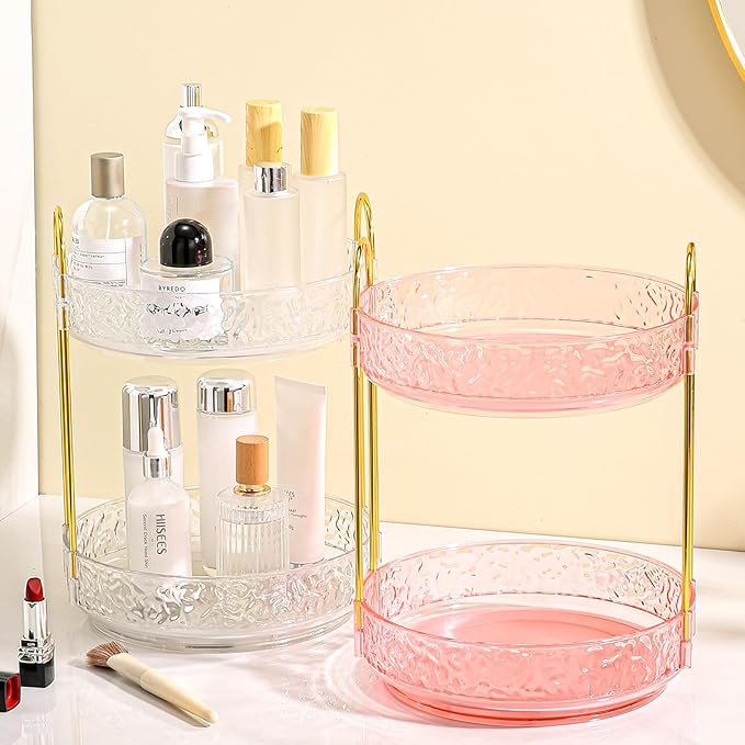 Fangoo 2 Tiers Pink Rotating Makeup Organizer for Vanity, 360 Spinning Skincare Organizers for Dresser Perfume Organizer Large Skincare Make up Storage Cosmetic Organizer for Bathroom Countertop