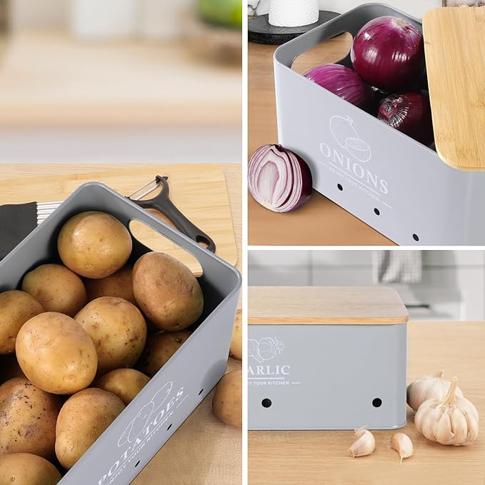 Kitchen Vegetable Storage Set of 3, Metal Onion Garlic Potato Storage Set, Kitchen Canisters Vegetable Keeper Containers with Aerating Holes and Wooden Lid (Grey)