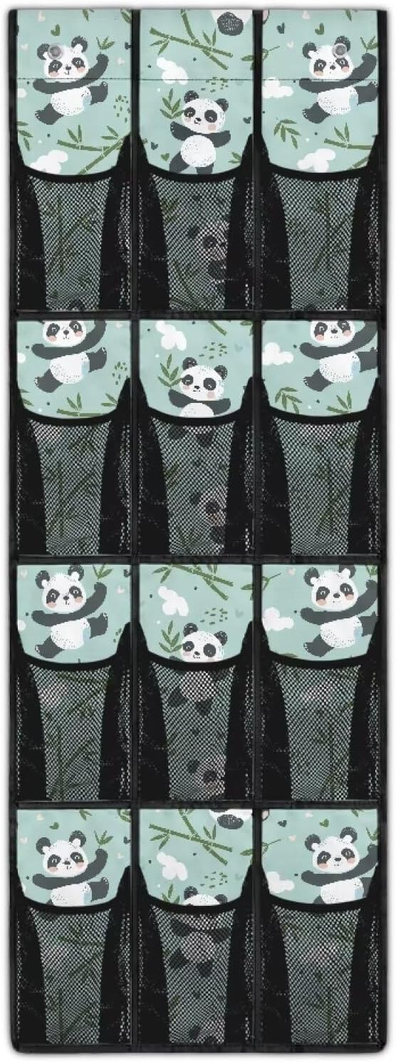 Panda Over The Door Closet Organizer 12 Pockets Wall Hanging Storage for Kids Room Space Saving Cute Over The Door Shoe Organizer Mesh Fabric Shoe Holder Hanger