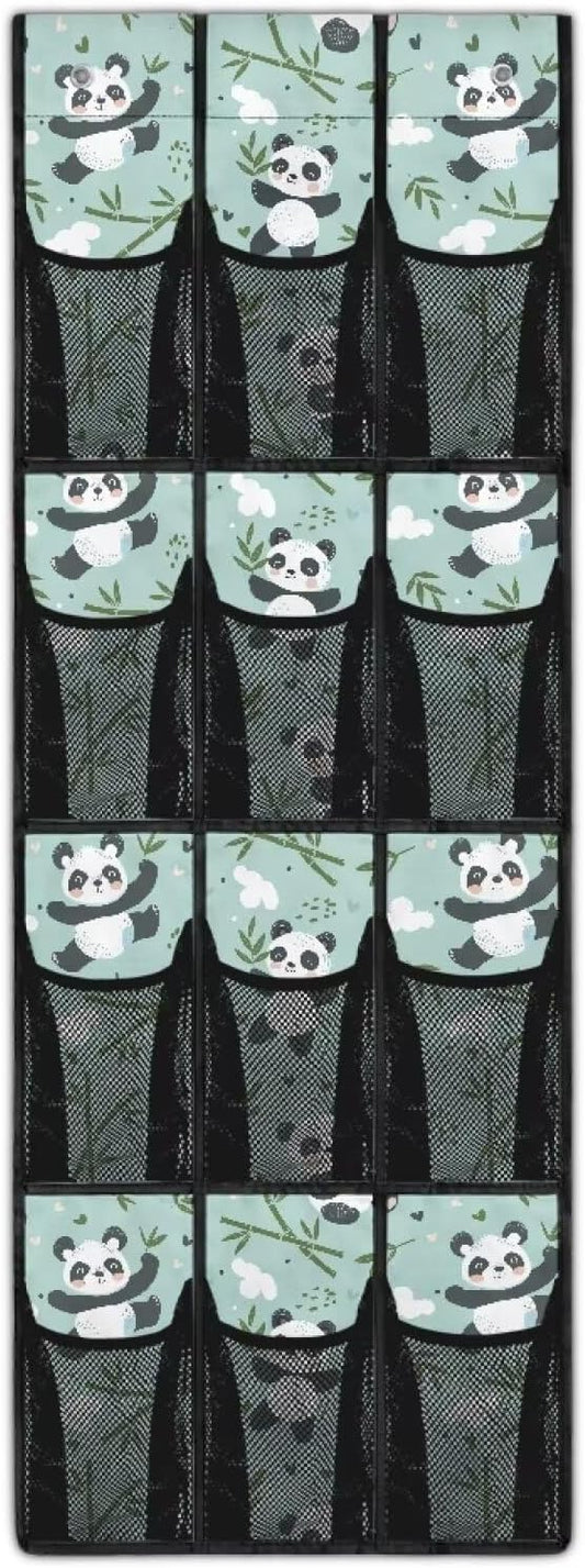 Panda Over The Door Closet Organizer 12 Pockets Wall Hanging Storage for Kids Room Space Saving Cute Over The Door Shoe Organizer Mesh Fabric Shoe Holder Hanger