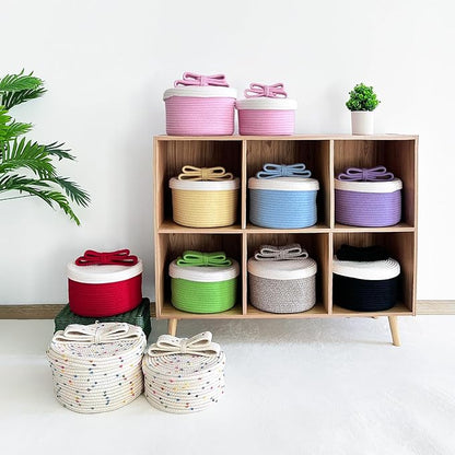 Small Storage Baskets with Lids, Round Woven Rope Basket with Lid, Cute Storage Box for Small Toy, Gift or Home Decor, Decorative Basket with Cute Bow Handle, Red