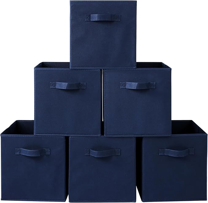 Stero Fabric Storage Bins 6 Pack Fun Colored Durable Storage Cubes with Fabric Handles Foldable Cube Baskets for Home, Kids Room, Closet and Toys Organization Dark Blue