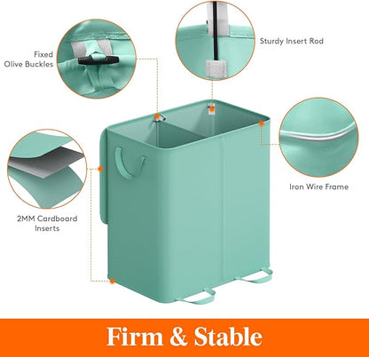 Lifewit Double Laundry Hamper with Lid and Removable Laundry Bags, Large Collapsible 2 Dividers Dirty Clothes Basket with Handles for Bedroom Laundry Room Closet Bathroom College, 136L Sage Green