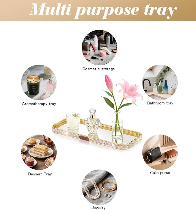 Bathroom Gold Tray Jewelry Perfume Makeup Organizer Decorative Tray for Vanity, Dresser, Bathroom, Bedroom Entrance Hall, Living Room(11.8IN Colorful)