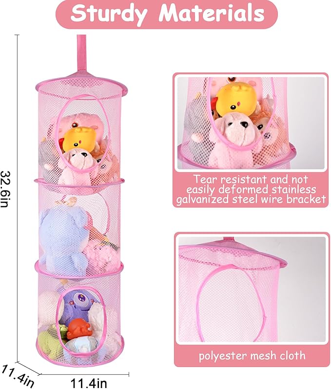 ChezMax Hanging Mesh Stuffed Animal Storage - 3 Tiers 3 Pack Large Stuffed Animal Net Organizer, Foldable Space Saver Bags Plushie Basket Organization Holder Room Bedroom Playroom Yellow Blue Pink