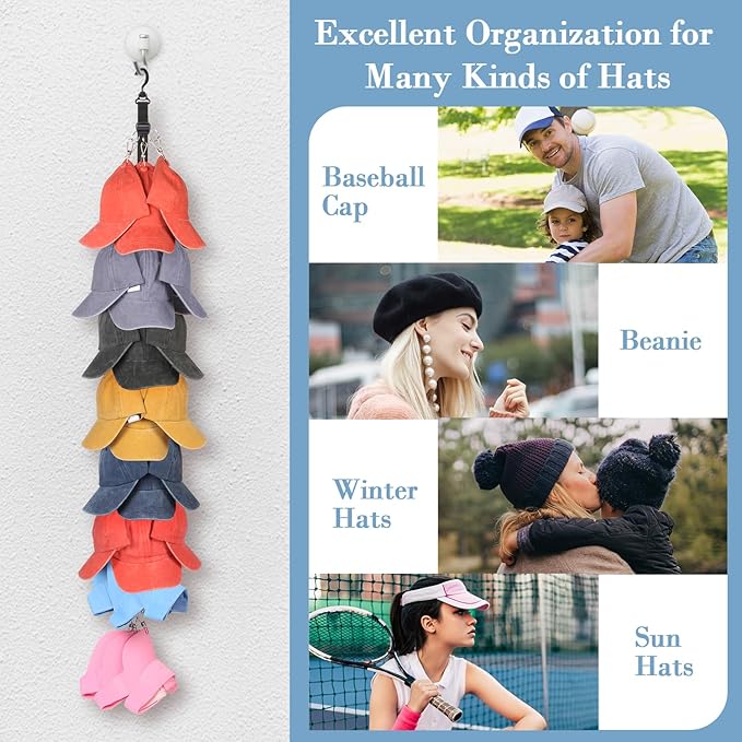 Hat Rack for Baseball Caps Organizer Hat Holder for Closet Hook, Wall and Door 24 Large Clips Cap Storage for Hanging Ball Caps Winter Beanie & Accessories 1 Pack