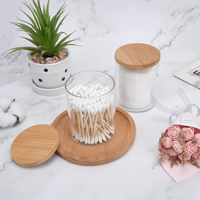 BKYFPQ 2 Pack Glass Qtip Holder Dispenser Set - Apothecary Jars with Lids - Vanity Makeup Organizer and Bathroom Canister Storage Organizer for Cotton Ball, Swab, Round Pads,Floss