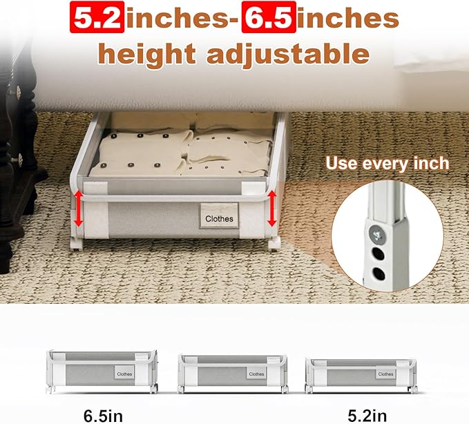 2Pack Under Bed Storage with Wheels,5.2"-6.5" Adjustable Height Underbed Storage,Low Profile Under Bed shoe Storage,Rolling Under Bed Clothes Storage,Shallow Under Bed Drawers for Blankets,Toys