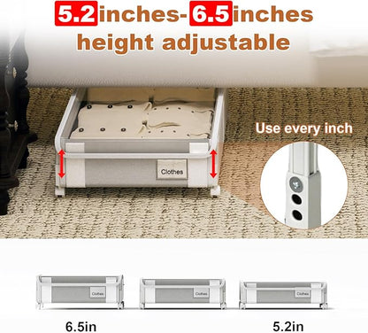 2Pack Under Bed Storage with Wheels,5.2"-6.5" Adjustable Height Underbed Storage,Low Profile Under Bed shoe Storage,Rolling Under Bed Clothes Storage,Shallow Under Bed Drawers for Blankets,Toys