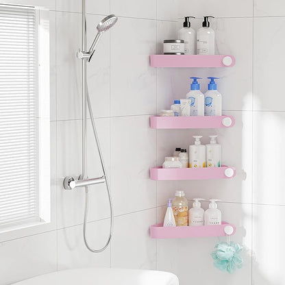 Sotfamily Plastic Shower Caddy Corner (For 90° Only), 4 Pack Adhesive Corner Shower Shelves for Bathroom Organizers and Storage, Pink