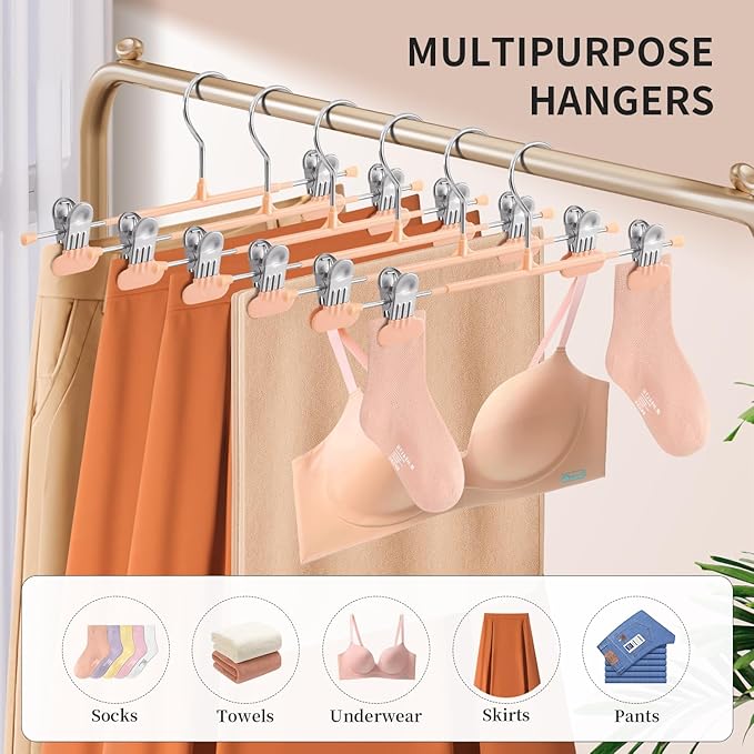 HUADYMEET 20 Pack 12Inch Pants Hangers with Wide Clips,Metal Trouser Hangers for Jeans. Space Saving Heavy Duty Non-Slip Adjustable Closet Organizers and Storage Shorts Hanger for Women, MenCoral Pink